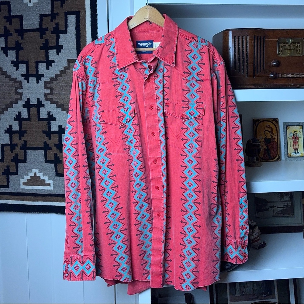 Vintage Wrangler Brushpopper Shirt 17.5 35 XL Thunderbird Aztec Western Cowboy